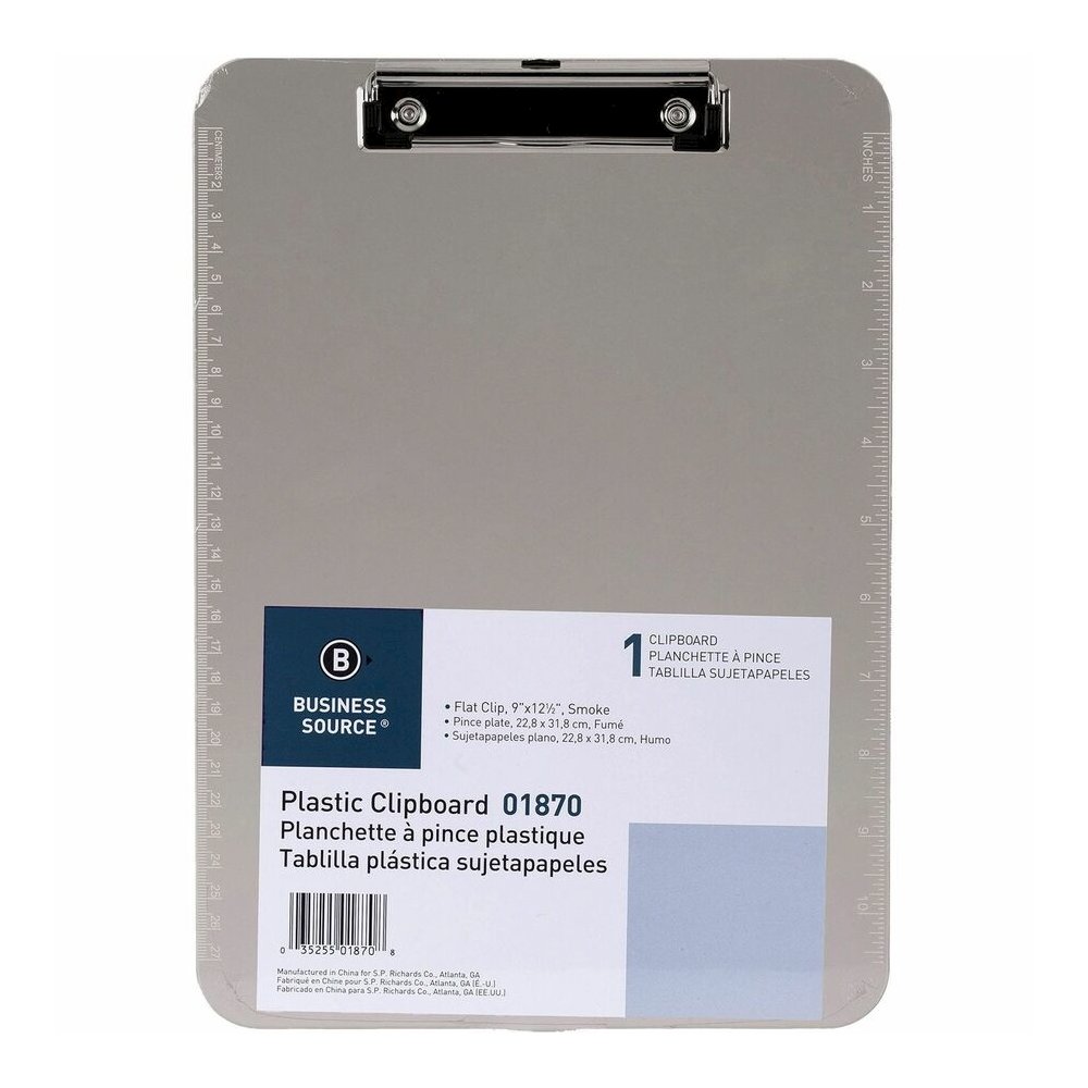 Business Source Flat Clip Plastic Clipboard - 9" x 12" Sheet Size - Plastic - Smoke - 6 / Bundle. Picture 4