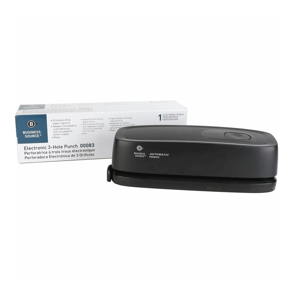 Business Source Electric Hole Punch - 3 Punch Head(s) - 10 Sheet of 20lb Paper - 9/32" Punch Size - 2.6" Width x 11.9" Depth x 3.2" Height - Black. Picture 4