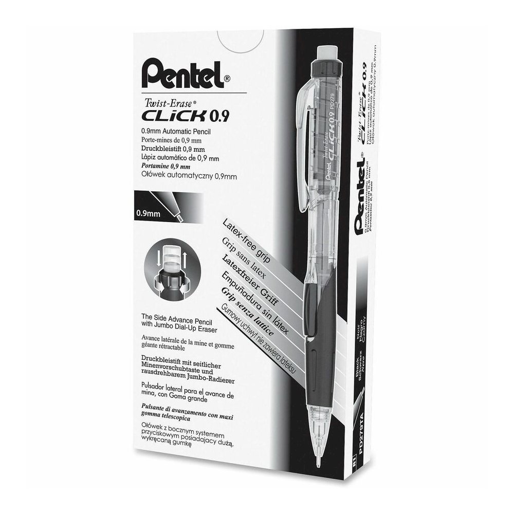 Pentel Twist-Erase Click Mechanical Pencils - 0.9 mm Black Lead - #2, HB - Refillable - Transparent, Black Barrel - 12 / Box. Picture 3