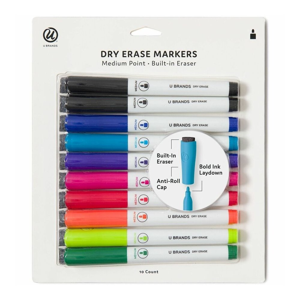 U Brands Dry-Erase Markers - Erasable - Assorted Ink - White Plastic Barrel - 10 / Pack. Picture 3