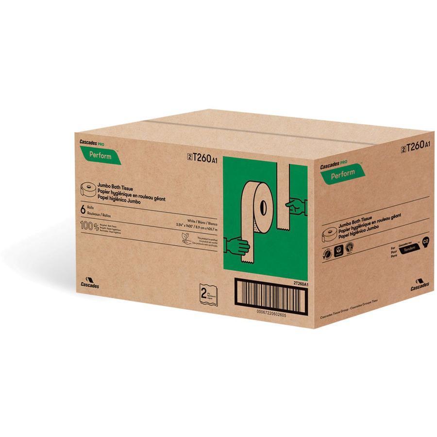 Cascades PRO Perform Jumbo Bathroom Tissue for Tandem&reg; - 2 Ply - 3.54" Width x 1400 ft Length - White - 6 Rolls Per Container - 6 / Carton. Picture 2