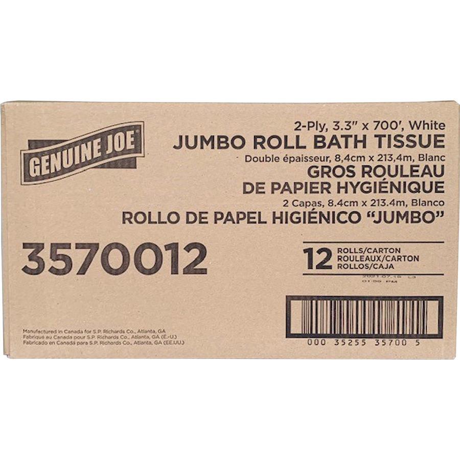 Genuine Joe Jumbo Jr Dispenser Bath Tissue Roll - 2 Ply - 3.30" Width x 700 ft Length - 8.88" Roll Diameter - White - Fiber - 12 / Carton. Picture 7