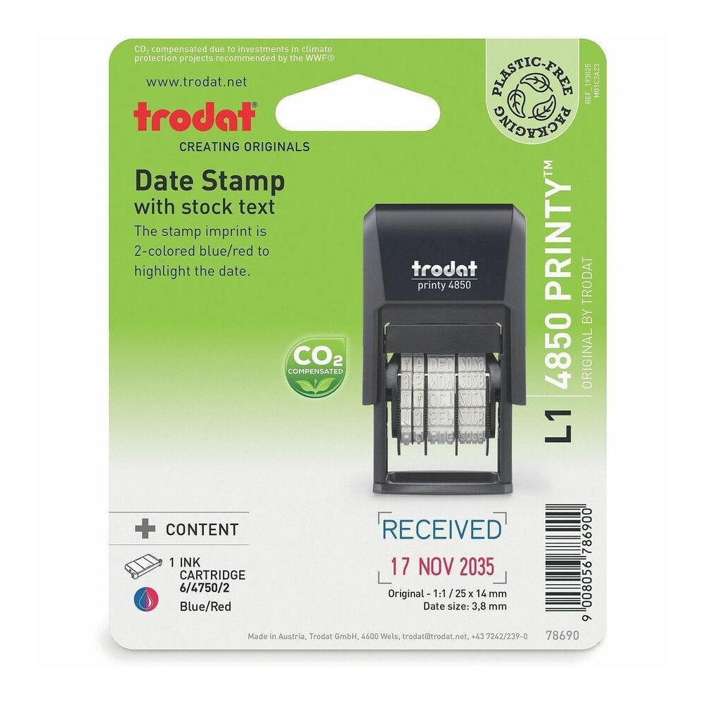 Trodat Micro 5-in-1 Date Stamp - Date Stamp - E-MAILED, FAXED, PAID, RECEIVED - 0.75" Impression Width - 10000 Impression(s) - 4 Bands - Assorted - Plastic Plastic - Recycled - 1 Each. Picture 2