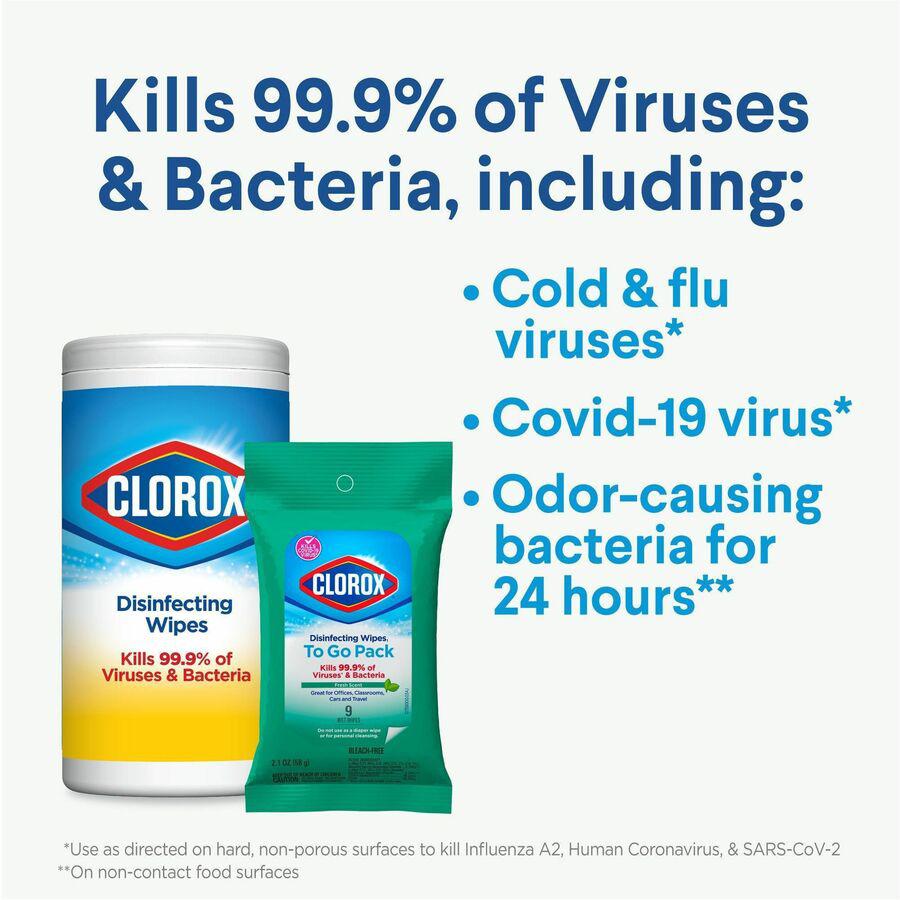 Clorox On The Go Bleach-Free Disinfecting Wipes - Ready-To-Use Wipe - Fresh Scent - 9 / Pack - 24 / Carton - White. Picture 15