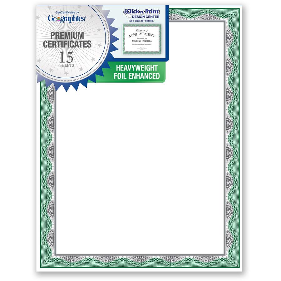 Geographics Silver Foil Award Certificates - 65 lb Basis Weight - 11" Width - Inkjet, Laser Compatible - Assorted, Green, Silver, White - Foil - 15 / Pack. Picture 4