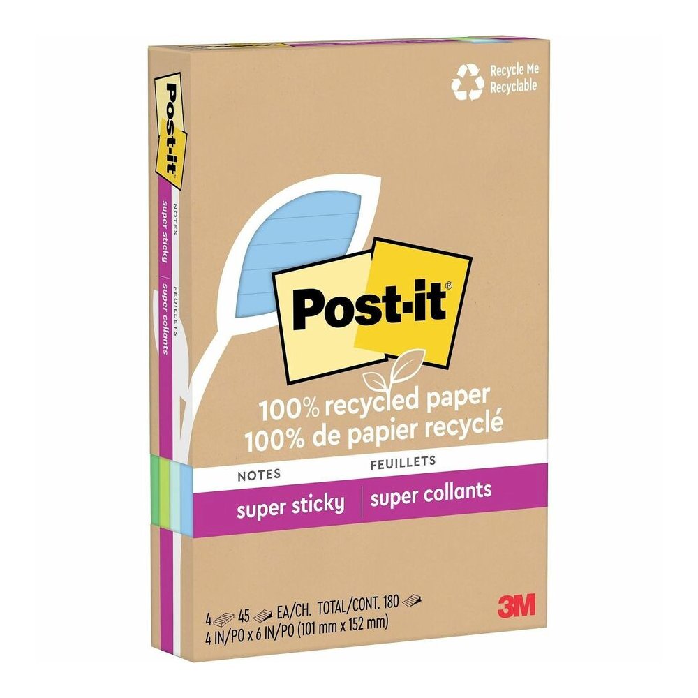 Post-it&reg; Super Sticky Adhesive Note - 180 - 4" Flag/Note Width x 6" Flag/Note Length - 45 Sheets per Pad - Assorted Oasis - Removable, Repositionable, Recyclable - Recycled - 4 / Pack. Picture 3