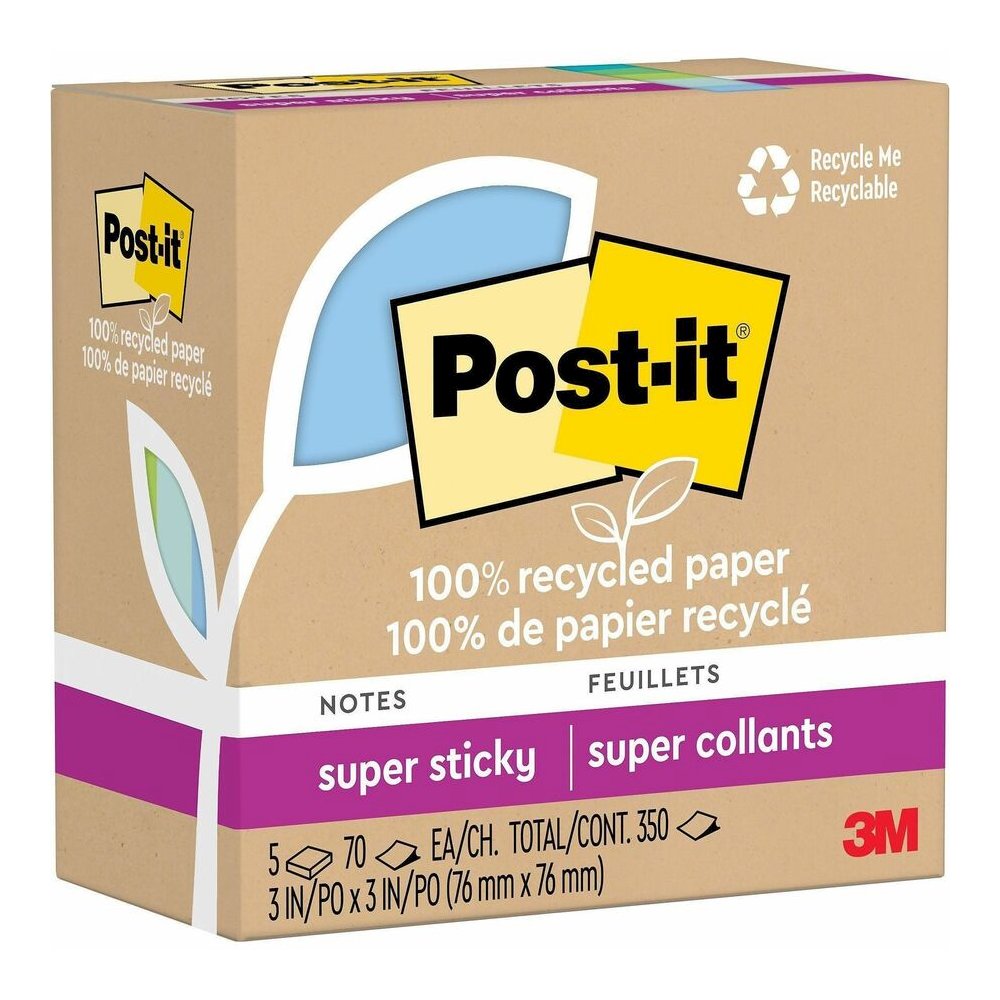 Post-it&reg; Super Sticky Adhesive Note - 350 - 3" Flag/Note Width x 3" Flag/Note Length - Square - 70 Sheets per Pad - Assorted Oasis - Removable, Repositionable, Recyclable - Recycled - 5 / Pack. Picture 3