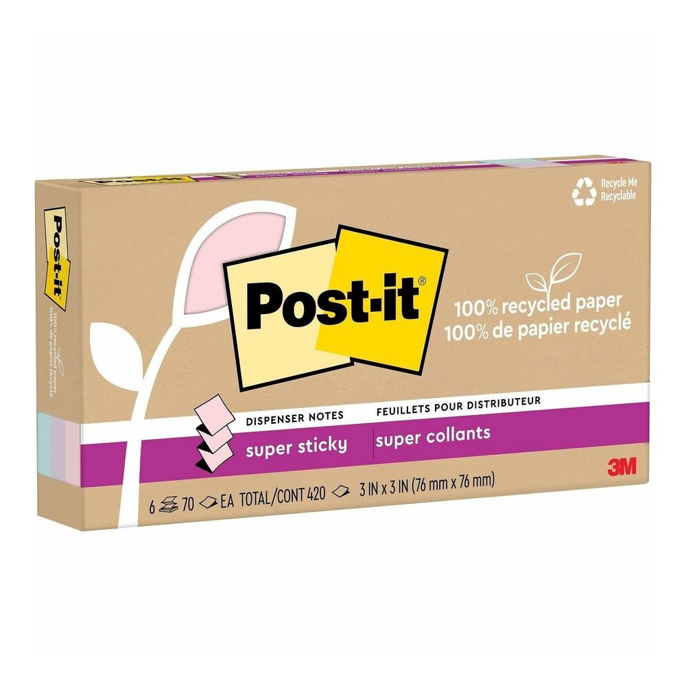 Post-it&reg; Super Sticky Adhesive Note - 420 - 3" Flag/Note Width x 3" Flag/Note Length - 70 Sheets per Pad - Assorted Wanderlust Pastel - Removable, Repositionable, Recyclable, Pop-up - Recycled - 1. Picture 2