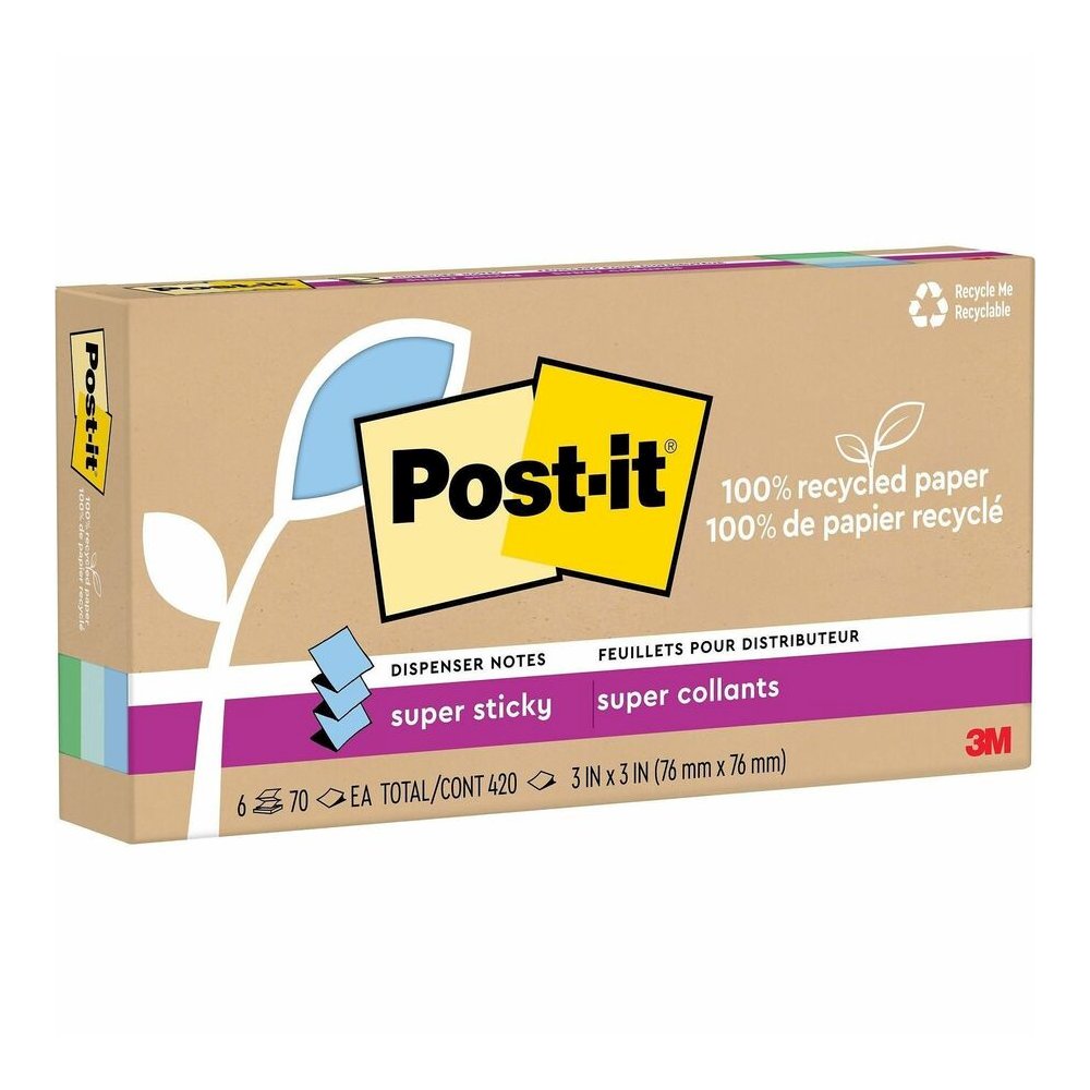 Post-it&reg; Super Sticky Adhesive Note - 420 - 3" Flag/Note Width x 3" Flag/Note Length - Square - 70 Sheets per Pad - Assorted Oasis - Removable, Repositionable, Recyclable, Pop-up - Recycled - 6 / . Picture 2