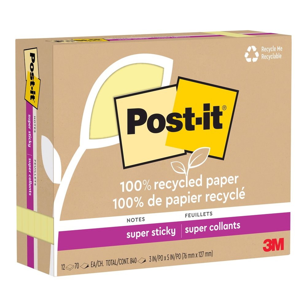 Post-it&reg; Recycled Super Sticky Notes - 90 - 3" Flag/Note Width x 5" Flag/Note Length - Rectangle - 70 Sheets per Pad - Canary Yellow - Adhesive - Recycled - 12 / Pack. Picture 3