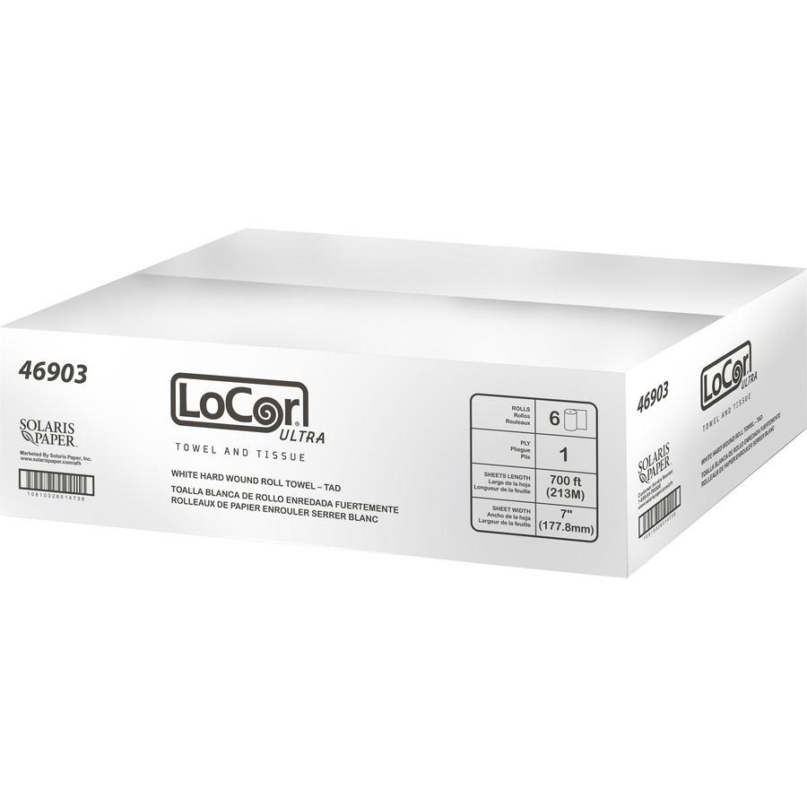 LoCor Paper Ultra Hard Wound Roll Towels - 1 Ply - 7" Width x 700 ft Length - Full Emboss Pattern - White - Virgin Fiber - 6 / Carton. Picture 2