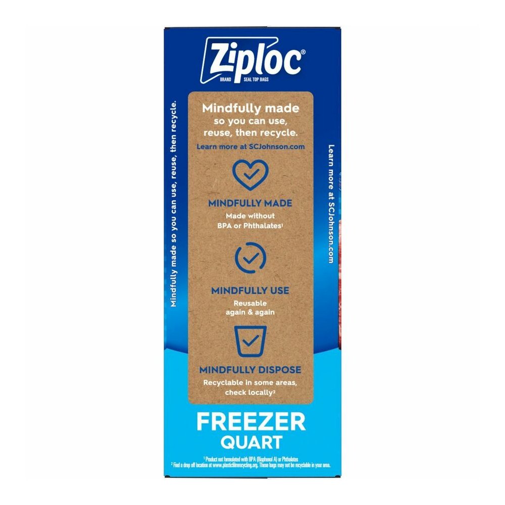 Ziploc&reg; Grip n' Seal Freezer Bags - Medium Size - 1 quart Capacity - 7.43" Length x 7" Width - Textured - Blue - Plastic - Multipurpose - 38/Box - 9 / Carton. Picture 2