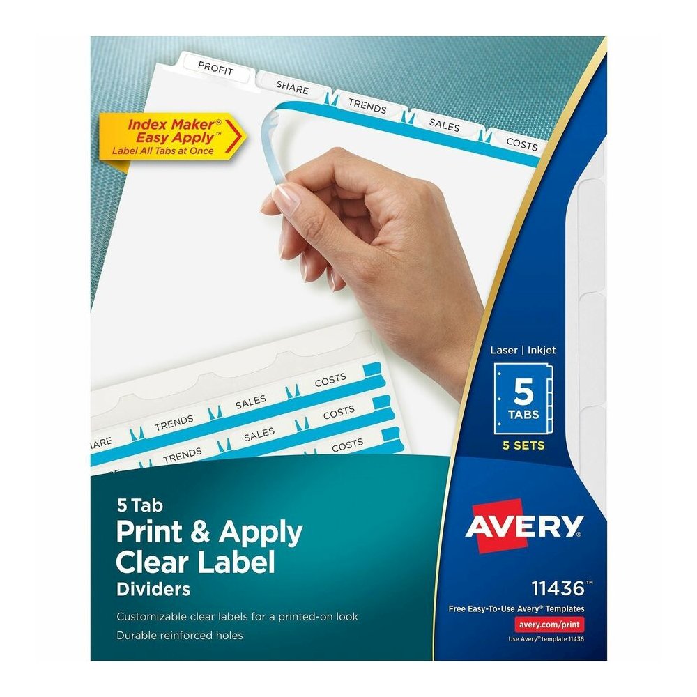 Avery&reg; Print & Apply Clear Label Dividers - Index Maker Easy Apply Label Strip - 25 x Divider(s) - 5 Tab(s)/Set - 8.5" Divider Width x 11" Divider Length - Letter - 3 Hole Punched - Clear Paper Di. Picture 3