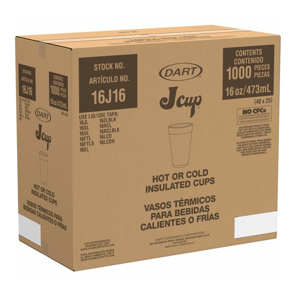 Dart J Cup 16 oz Insulated Foam Cups - 16 fl oz - White - Foam - Cold Drink, Hot Drink, Soft Drink - 25/Bag - 40 / Carton. Picture 4