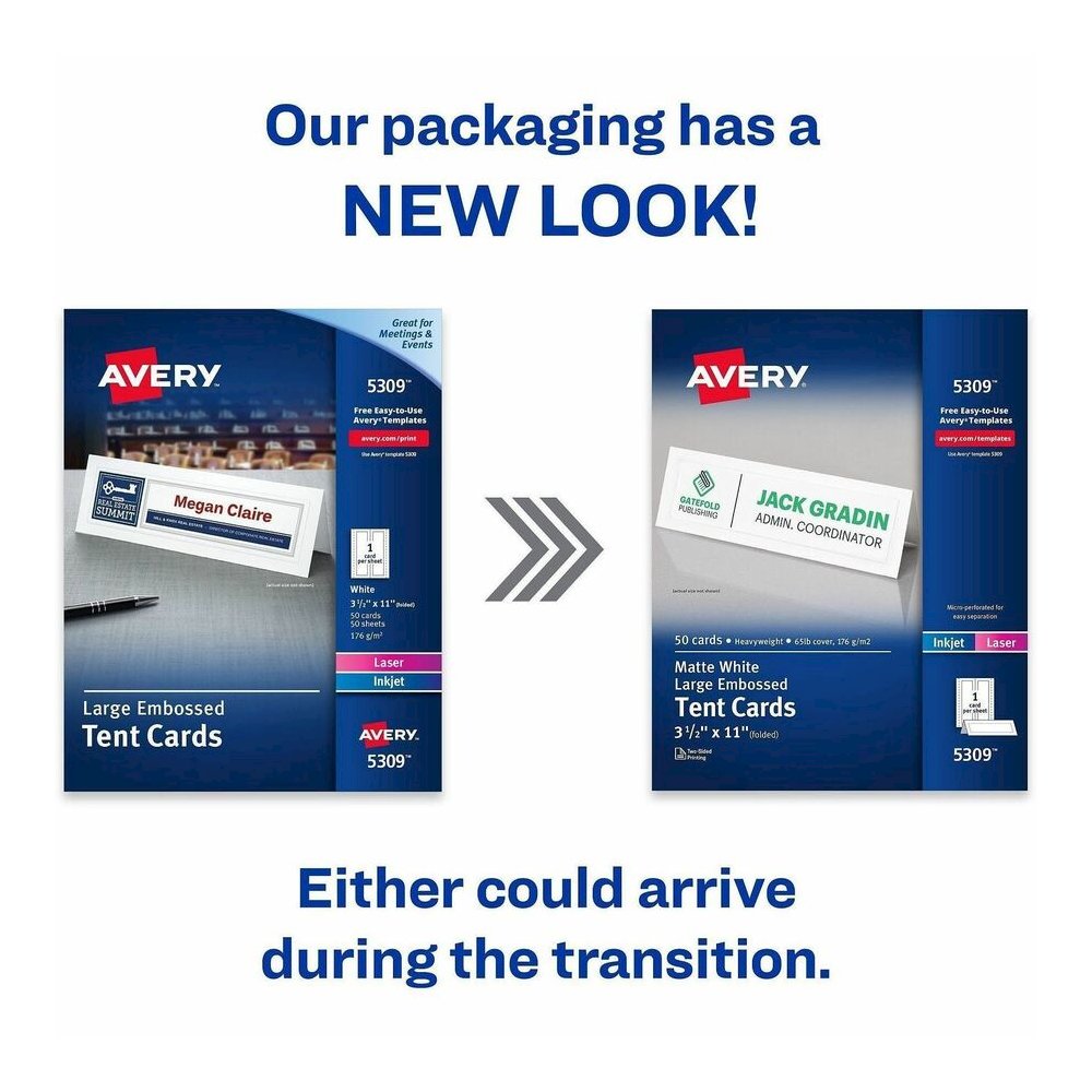 Avery&reg; Tent Cards, 3.5" x 11" , Embossed Border, 50ct (5309) - 97 Brightness - 3 1/2" x 11" - 65 lb Basis Weight - 176 g/m² Grammage - Matte - Perforated, Heavyweight, Rounded Corner, Smudge-. Picture 3