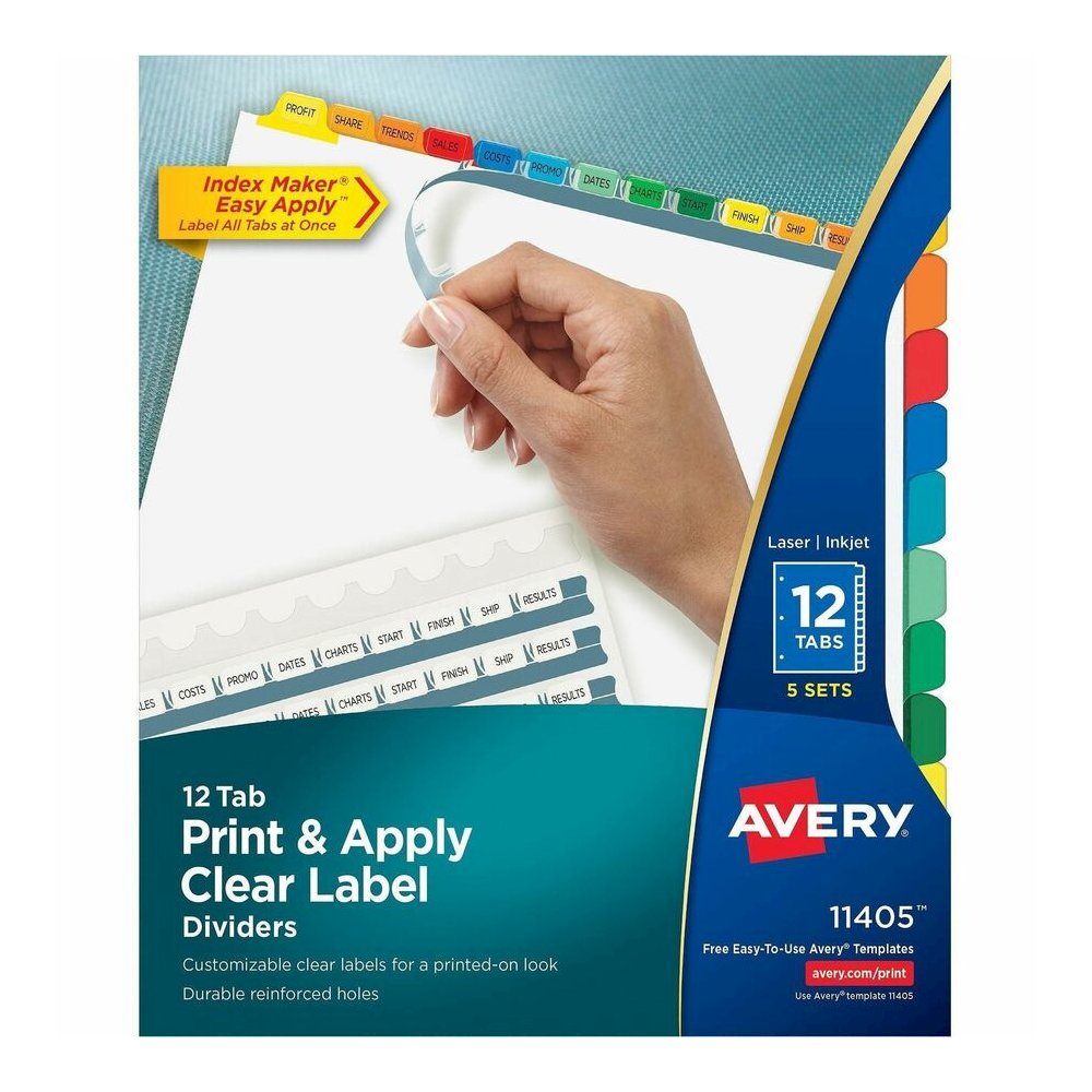 Avery&reg; Index Maker Index Divider - 60 x Divider(s) - 12 Tab(s) - 12 - 12 Tab(s)/Set - 8.5" Divider Width x 11" Divider Length - 3 Hole Punched - White Paper Divider - Multicolor Paper Tab(s) - 20%. Picture 3