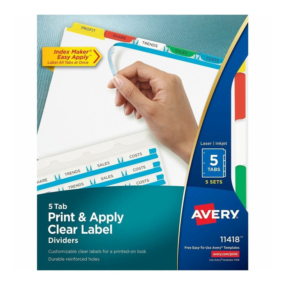 Avery&reg; Index Maker Index Divider - 25 x Divider(s) - 5 Tab(s) - 5 - 5 Tab(s)/Set - 8.5" Divider Width x 11" Divider Length - 3 Hole Punched - White Paper Divider - Multicolor Paper Tab(s) - 20% - . Picture 4