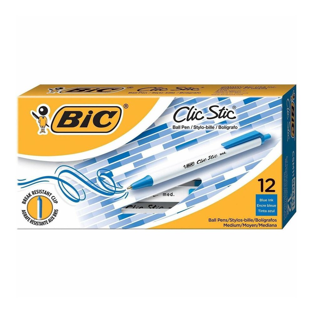 BIC Clic Stic Retractable Ballpoint Pens - Retractable - Blue Ink - Clear Barrel - 12 / Dozen. Picture 2
