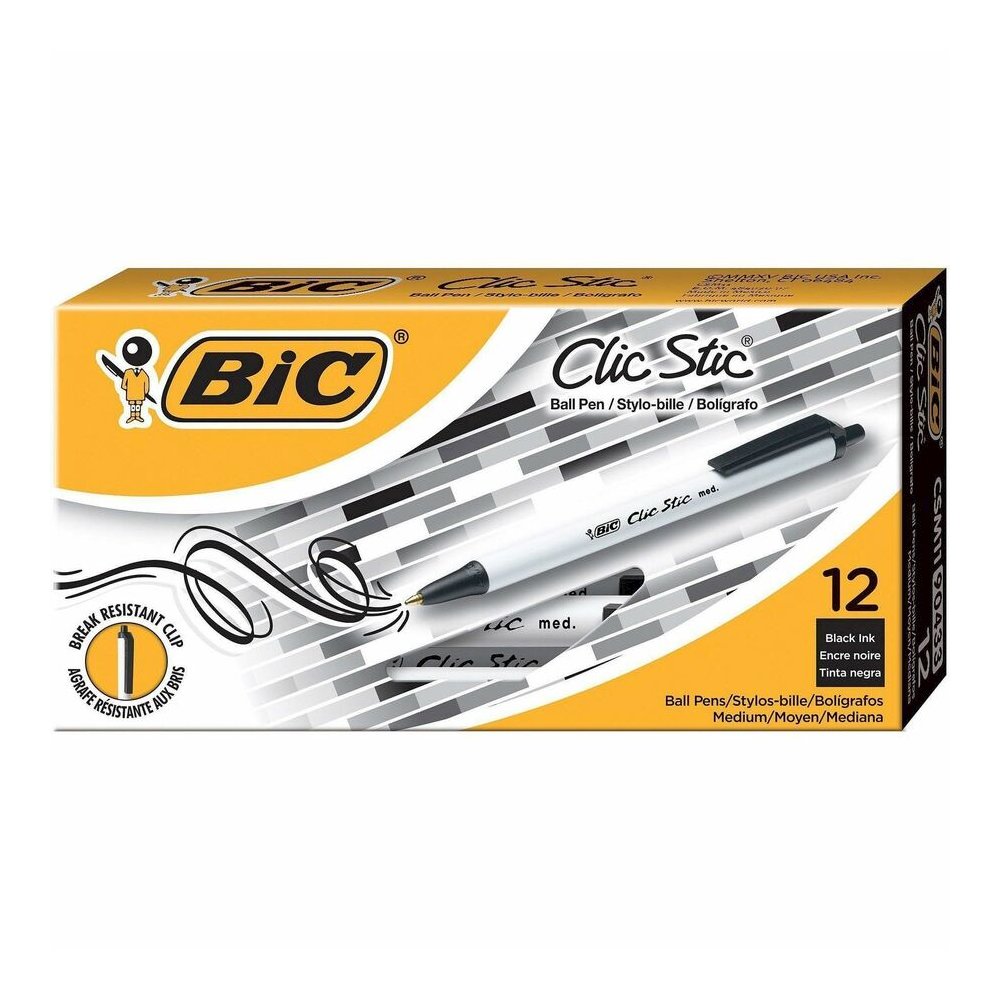 BIC Clic Stic Retractable Ballpoint Pens - Retractable - Black Ink - White Barrel - 1 Dozen. Picture 2