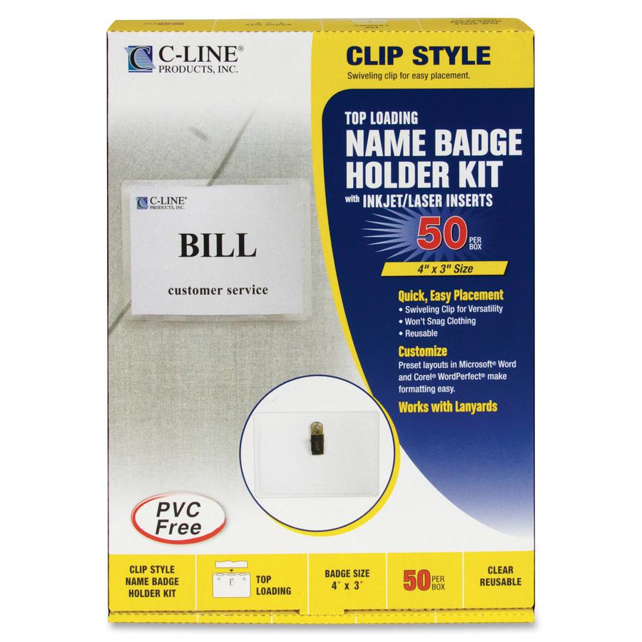 C-Line Laser/Inkjet Clip Style Badge Holder Kits - 3" Height x 4" Width - Vinyl - Clear - 50 / Box. Picture 3
