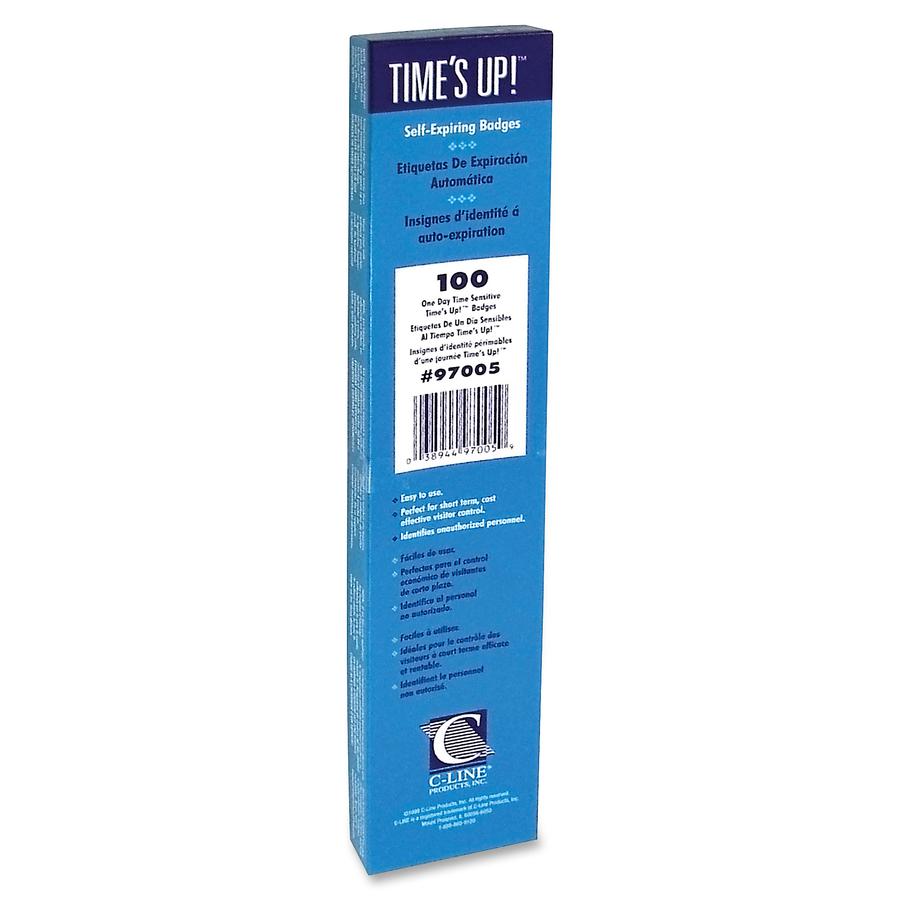 C-Line Time's Up! Self-Expiring Visitor Security Badge - One Day Badge, Peel & Stick, 3 x 2, 100/BX, 97005. Picture 2