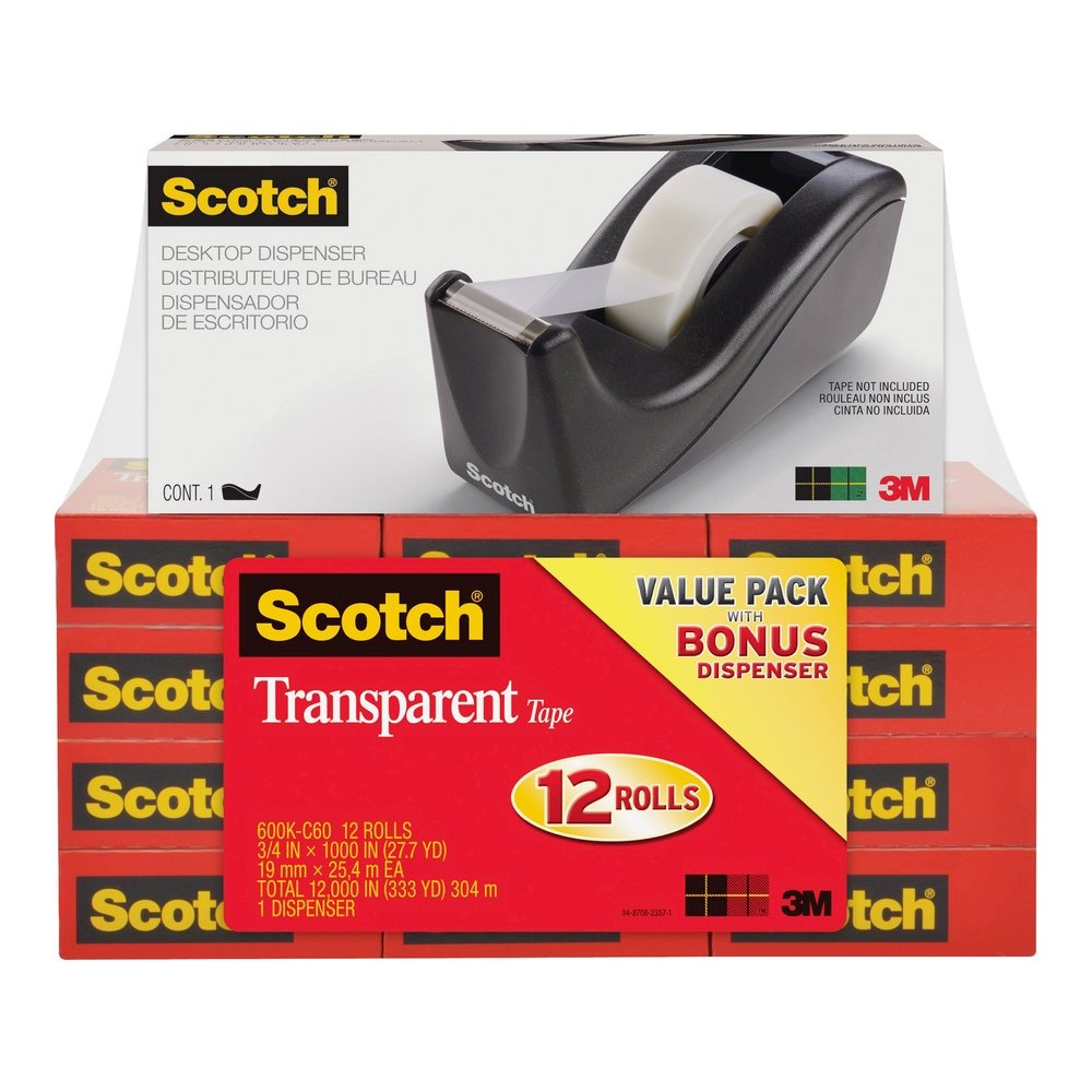 Scotch Transparent Tape and Scotch C60 Dispenser - 27.78 yd Length x 0.75" Width - 1" Core - Clear - Dispenser Included - Desktop Dispenser - Moisture Resistant, Stain Resistant, Long Lasting - For Mu. Picture 3