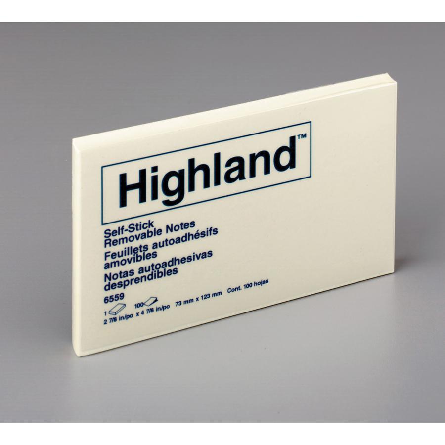 Highland Self-sticking Notepads - 1200 - 3" Flag/Note Width x 5" Flag/Note Length - Rectangle - 100 Sheets per Pad - Unruled - Yellow - Paper - Self-adhesive, Repositionable - 12 / Pack. Picture 5