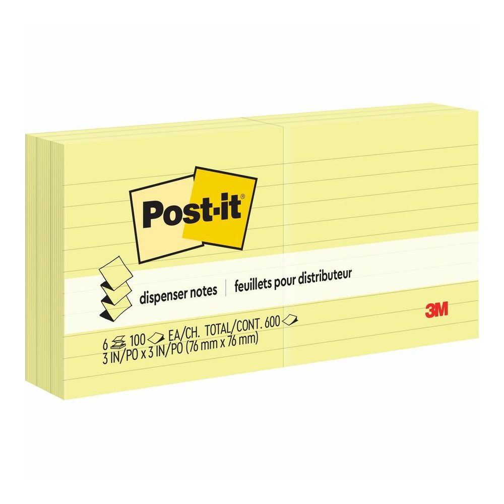 Post-it&reg; Dispenser Notes - 600 - 3" Flag/Note Width x 3" Flag/Note Length - Square - 100 Sheets per Pad - Ruled - Yellow - Paper - Pop-up, Fanfold, Refillable - 6 / Pack. Picture 2