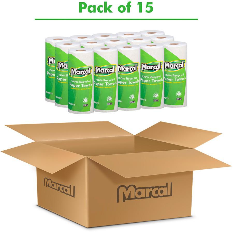 Marcal 100% Recycled Paper Towels - 2 Ply - 11" x 9" - 60 Sheets/Roll - White - 15 / Carton. Picture 2