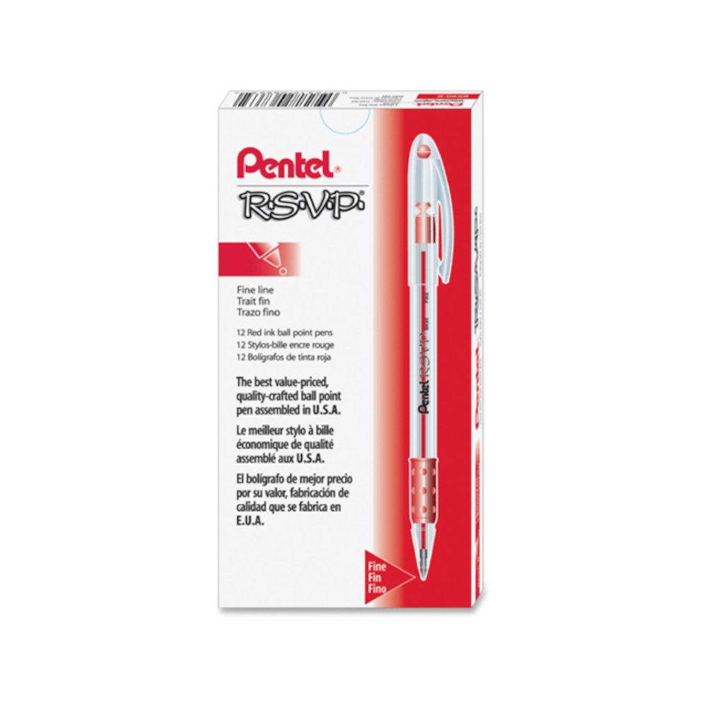 Pentel R.S.V.P. Ballpoint Stick Pens - Refillable - Red Ink - Clear Barrel - 1 Dozen. Picture 3