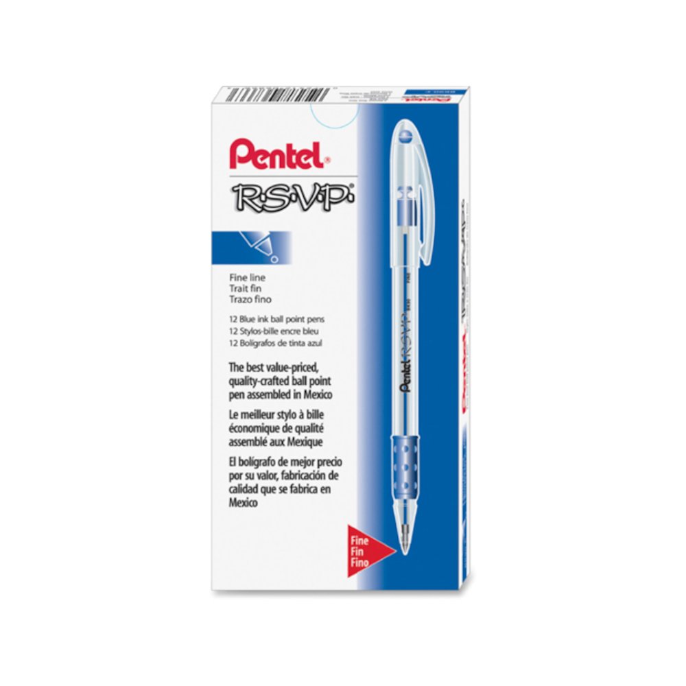 Pentel R.S.V.P. Ballpoint Stick Pens - Refillable - Blue Ink - Clear Barrel - 1 Dozen. Picture 2
