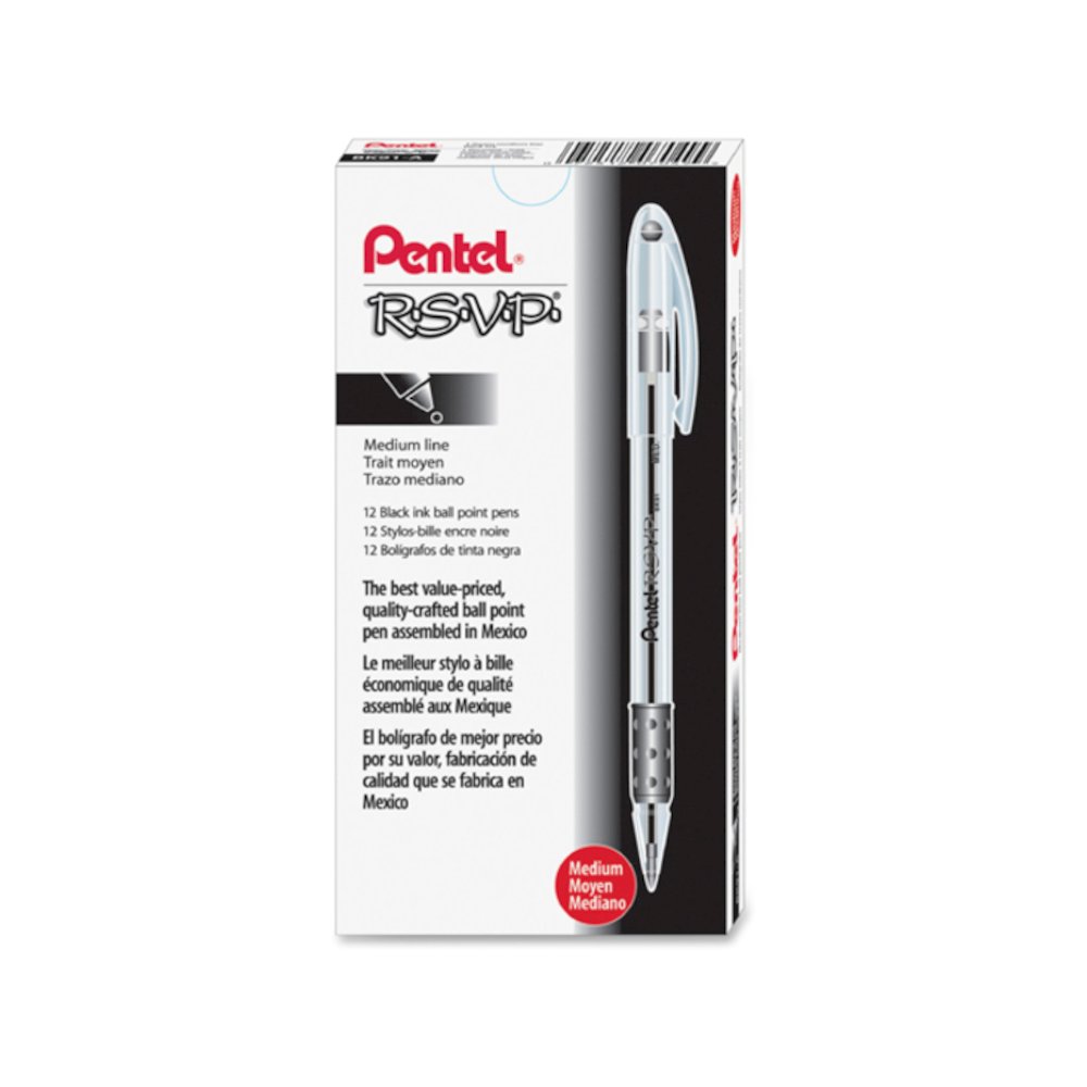 Pentel R.S.V.P. Ballpoint Stick Pens - Refillable - Black Ink - Clear Barrel - 1 Dozen. Picture 2