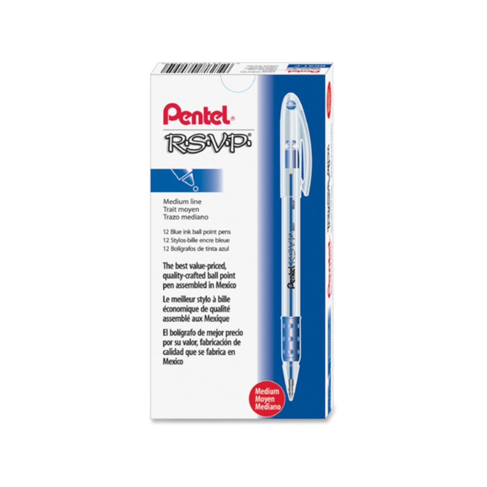 Pentel R.S.V.P. Ballpoint Stick Pens - Refillable - Blue Ink - Clear Barrel - 1 Dozen. Picture 2