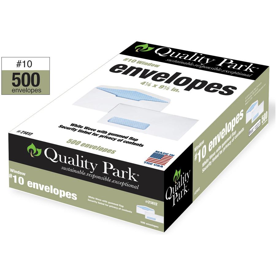Quality Park No. 10 Single Window Security Tint Envelopes - Single Window - #10 - 4 1/8" Width x 9 1/2" Length - 24 lb - Adhesive - White - Wove - 500 / Box. Picture 6
