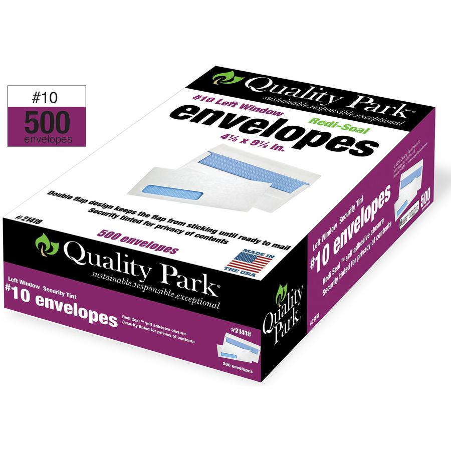 Quality Park No. 10 Single Window Security Tinted Business Envelopes with a Self-Seal Closure - Single Window - #10 - 4 1/8" Width x 9 1/2" Length - 24 lb - Self-sealing - White - Wove - 500 / Box. Picture 8
