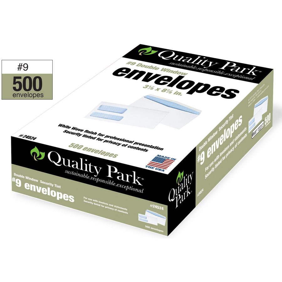 Quality Park No. 9 Double Window Security Tint Envelopes - Double Window - #9 - 3 7/8" Width x 8 7/8" Length - 24 lb - Gummed - Wove - 500 / Box - White. Picture 2