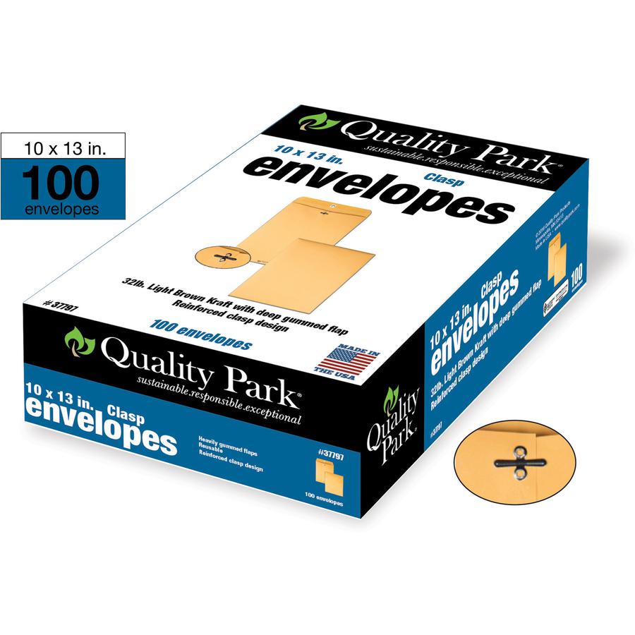 Quality Park 10 x 13 Extra Heavy-duty Clasp Envelopes - Clasp - #97 - 10" Width x 13" Length - 32 lb - Gummed - Kraft - 100 / Box - Kraft. Picture 4
