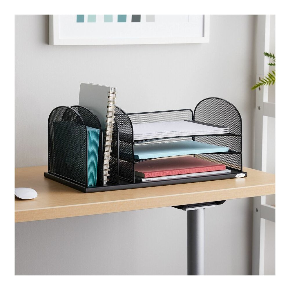 Safco Onyx 3 Tray/3 Upright Section Desk Organizer - 5 Compartment(s) - 8.25" Height x 19.50" Width x 11.50" Depth - Desktop - Powder Coated - Black - Steel - 1 Each. Picture 6