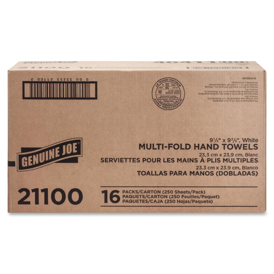 Genuine Joe Paper Towel Multi fold 250 sheets White - 1 Ply - Multifold - 9.20" Width x 9.40" Length - embossed design - White - Paper, Fiber - 250 Sheets/Pack - 16 / Carton. Picture 9