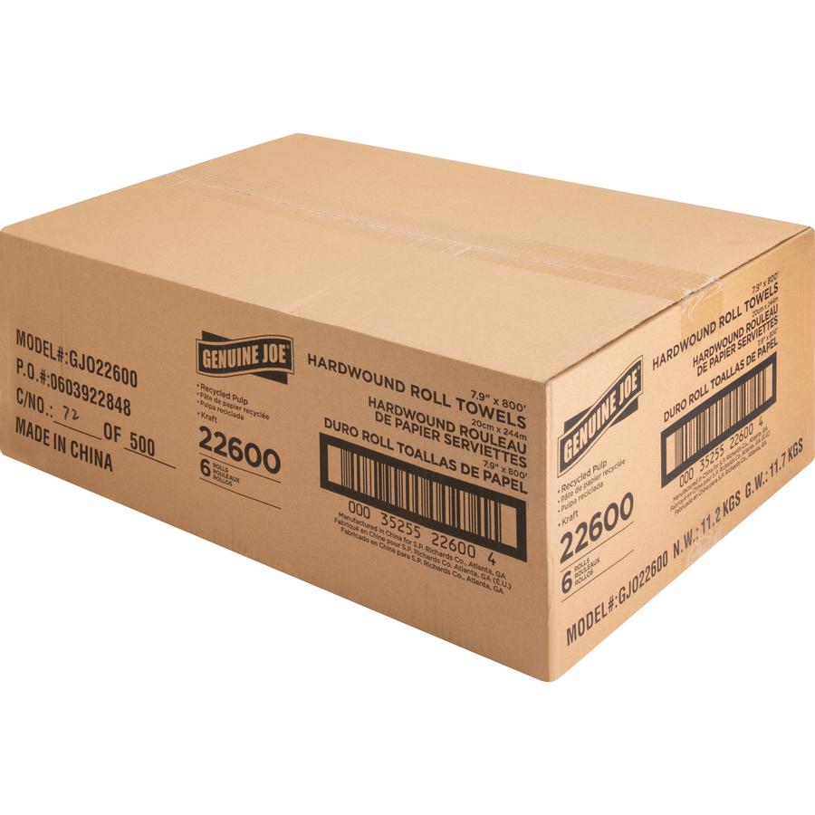 Genuine Joe Embossed Hardwound Roll Towels - 7.90" Width x 800 ft Length - 2" Core - Natural - 6 / Carton. Picture 10