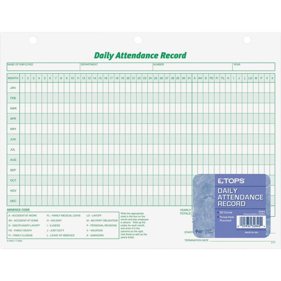 TOPS Daily Employee Attendance Record Form - 50 Sheet(s) - 11" x 8.50" Sheet Size - 3 x Holes - White - White Sheet(s) - Green Print Color - 50 / Pack. Picture 3