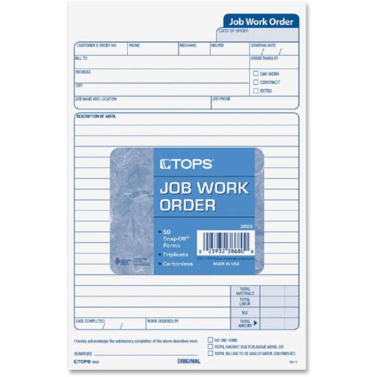 TOPS Carbonless 3-Part Job Work Order Forms - 3 PartCarbonless Copy - 5.50" x 8.50" Sheet Size - Assorted Sheet(s) - Black Print Color - 50 / Pack. Picture 2