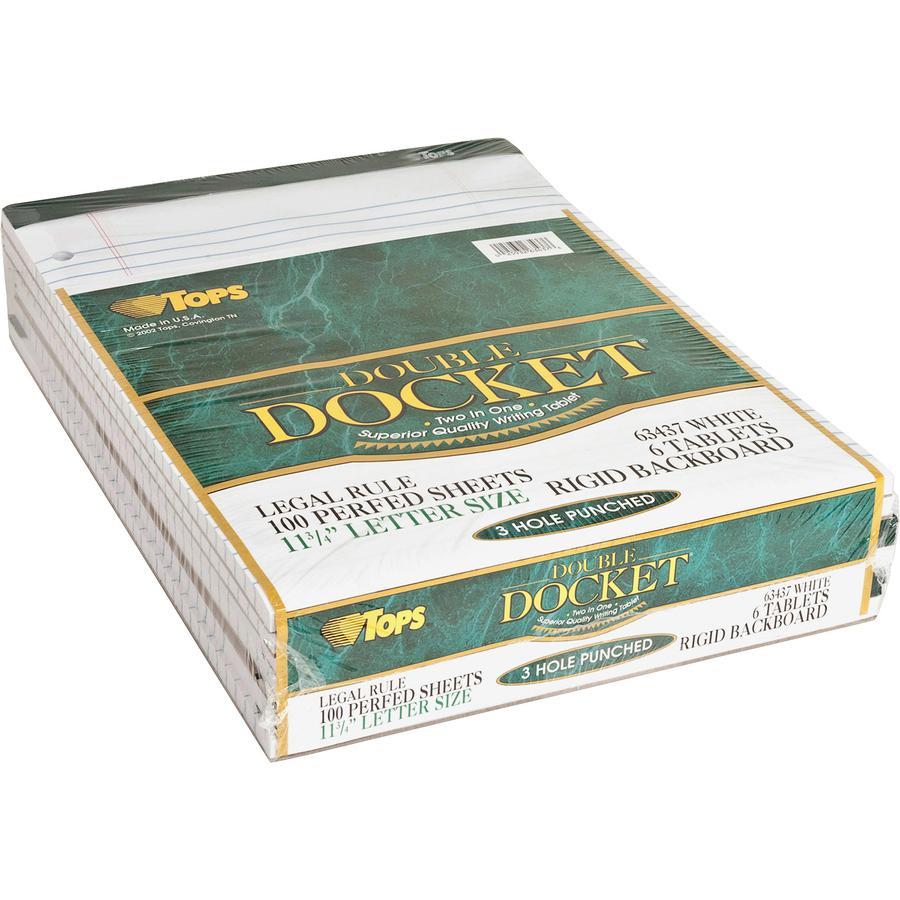 TOPS Docket 3-hole Punched Legal Ruled Legal Pads - 100 Sheets - Double Stitched - 0.34" Ruled - 16 lb Basis Weight - 8 1/2" x 11 3/4" - White Paper - Marble Green Binding - Perforated, Hard Cover, Re. Picture 2