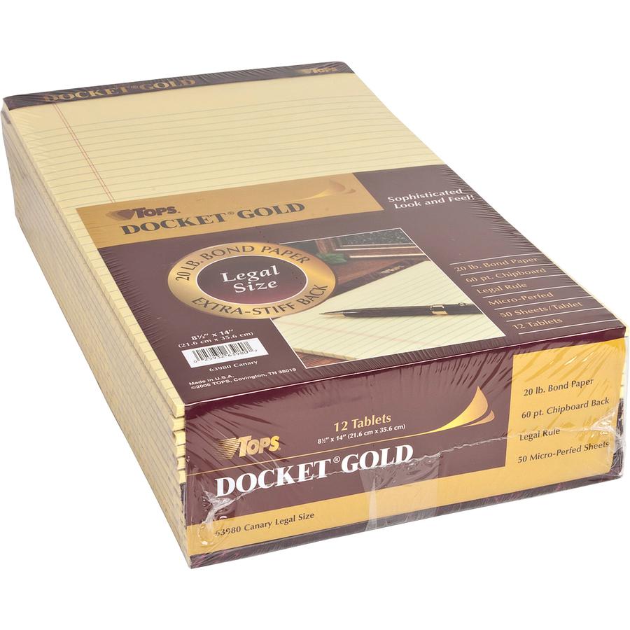 TOPS Docket Gold Legal Pads - Legal - 50 Sheets - Double Stitched - 0.34" Ruled - 20 lb Basis Weight - Legal - 8 1/2" x 14" - Canary Paper - Burgundy Binding - Perforated, Hard Cover, Heavyweight, Res. Picture 3