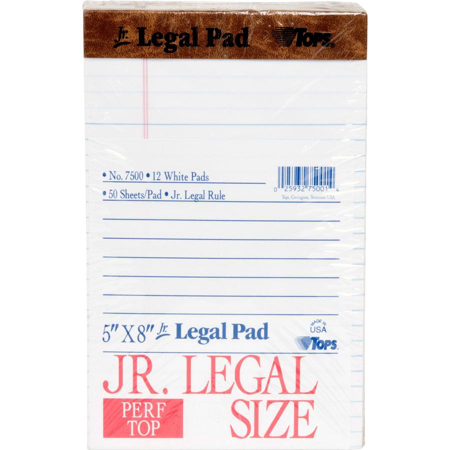 TOPS The Legal Pad Writing Pad - 50 Sheets - Double Stitched - 0.28" Ruled - 16 lb Basis Weight - Jr.Legal - 5" x 8" - White Paper - Chipboard Cover - Perforated, Hard Cover, Removable - 1 Dozen. Picture 4