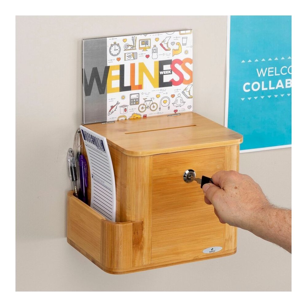 Safco Bamboo Suggestion Box - External Dimensions: 10" Width x 8" Depth x 14" Height - Media Size Supported: 8.50" x 5.50" - 25 x Quick Box - Key Lock Closure - Bamboo - Natural - For Suggestion Card,. Picture 2