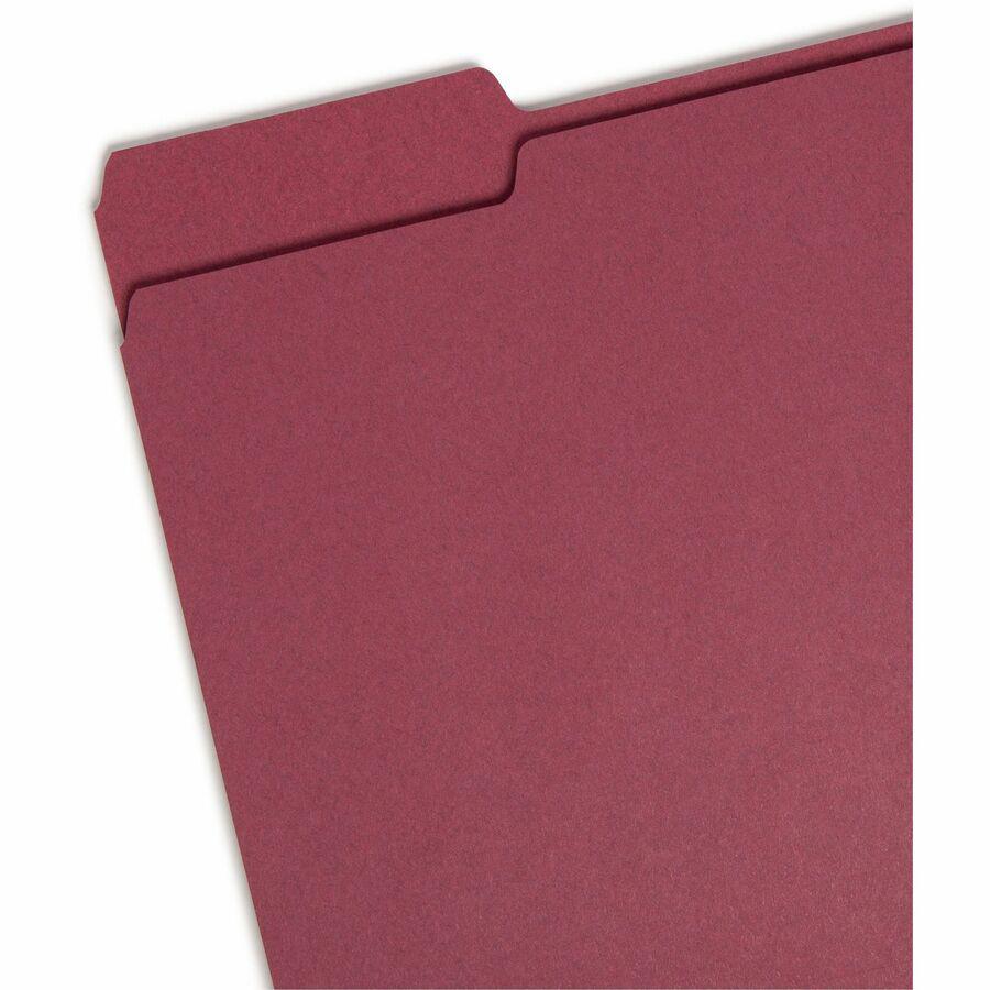 Smead Colored 1/3 Tab Cut Letter Recycled Top Tab File Folder - 8 1/2" x 11" - 3/4" Expansion - Top Tab Location - Assorted Position Tab Position - Maroon - 10% Recycled - 100 / Box. Picture 6