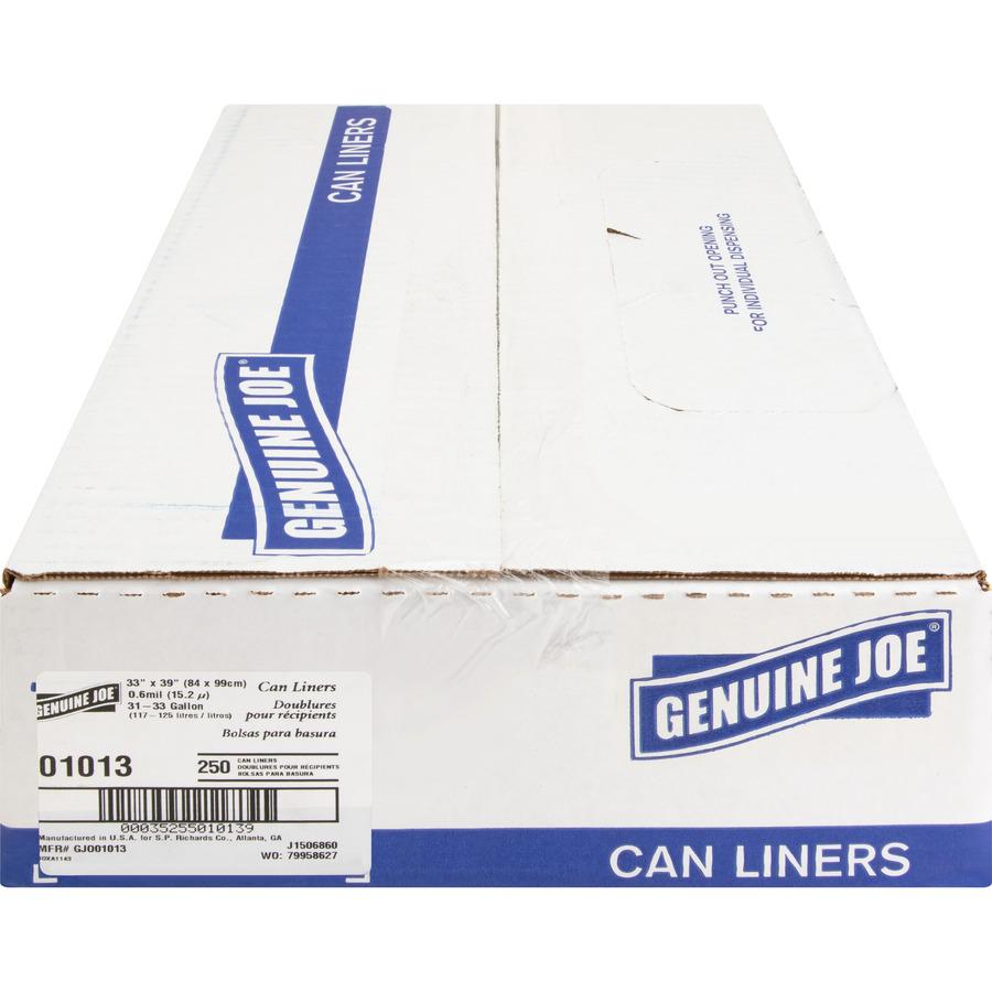 Genuine Joe Clear Trash Can Liners - Medium Size - 33 gal Capacity - 39" Length x 33" Width x 0.60 mil (15 Micron) Thickness - Low Density - Clear - 250/Box - 1 Carton. Picture 6