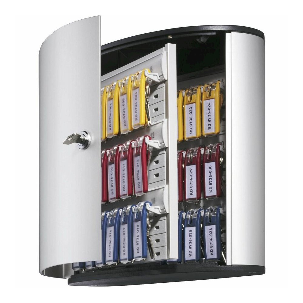 DURABLE 36 Key Brushed Aluminum Cabinet - 4.8" Width x 11" Depth x 11.9" Height - 1 x Front Open Door(s) - Security Lock - Silver - Aluminum. Picture 3