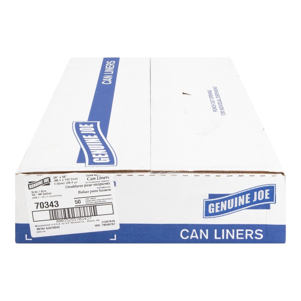 Genuine Joe Maximum Strength Trash Can Liner - Extra Large Size - 60 gal Capacity - 56" Length x 39" Width x 1.55 mil (39 Micron) Thickness - Low Density - Silver - Plastic Resin - Food Waste, Office . Picture 6